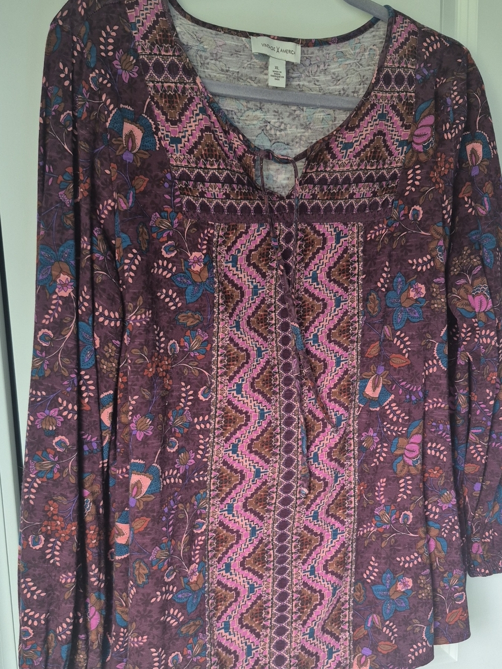 Vintage America Xl Burgandy Print Top.